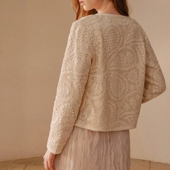 Apricot Elegant Women's Hollow-Out Bohemian Cashew Flower Pattern Coat - Picture 2 of 7